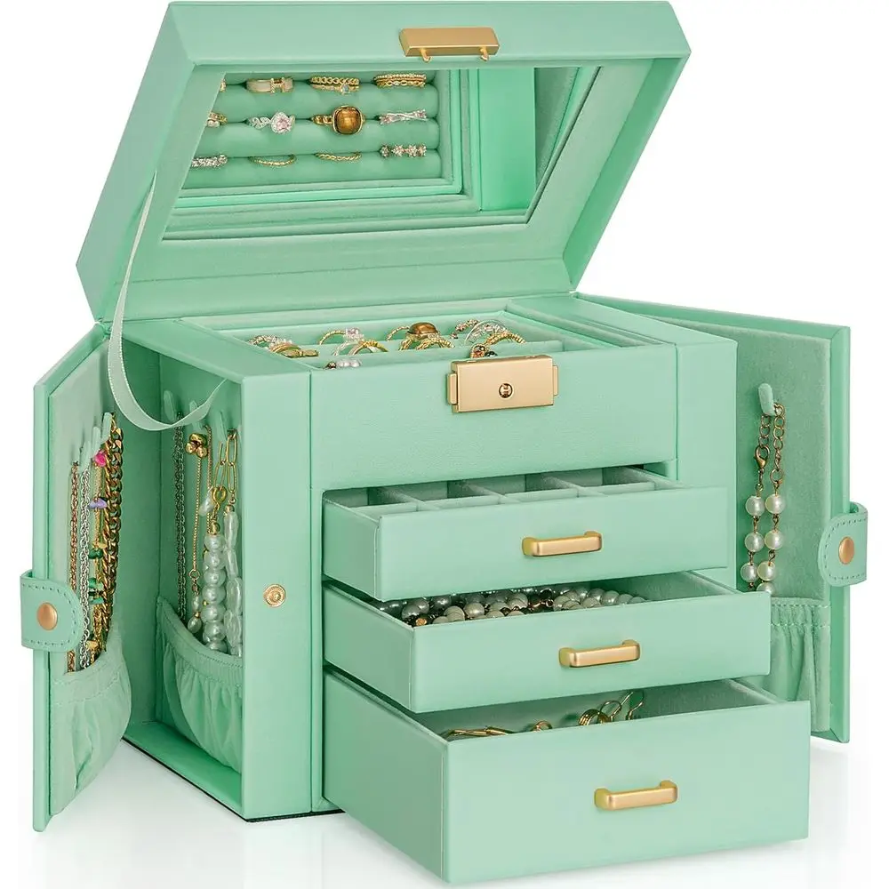 4-Tier Jewelry Box Leather Storage Organizer with 3 Drawers Lockable for Women Girls Ring Earring Bracelet Holder with Mirror
4-Tier Jewelry Box Leather Storage Organizer with 3 Drawers Lockable for Women Girls Ring Earring Bracelet Holder with Mirror