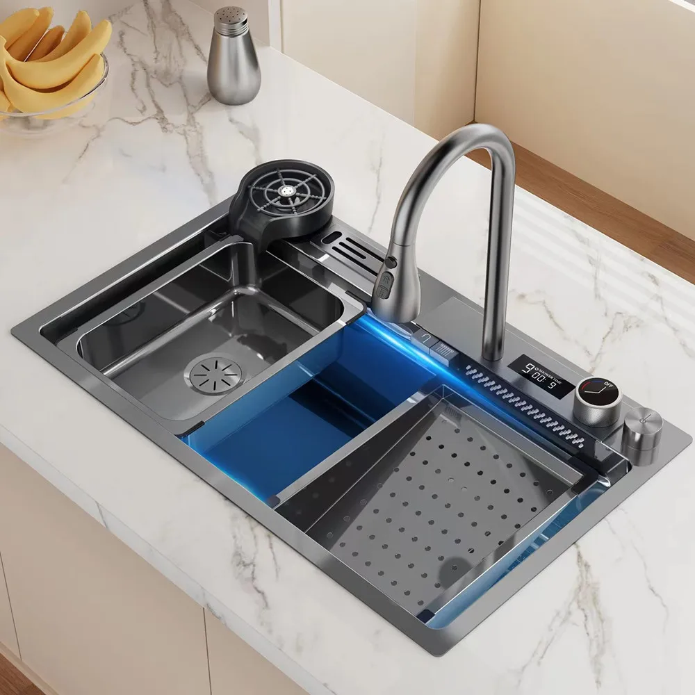 Black Nano Kitchen Sink Multi-Function With Digital Display Waterfall Sink Stainless Steel Large Single Slot With Knife holder
Black Nano Kitchen Sink Multi-Function With Digital Display Waterfall Sink Stainless Steel Large Single Slot With Knife holder