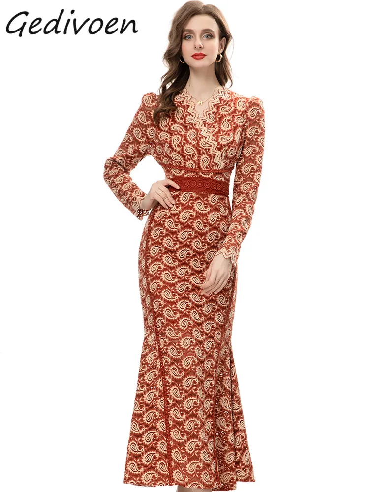 Gedivoen Autumn Fashion Designer Vintage Lace Mermaid Dress Women V Neck Long Sleeve Hollow Out Package Buttocks Slim Long Dress
Gedivoen Autumn Fashion Designer Vintage Lace Mermaid Dress Women V Neck Long Sleeve Hollow Out Package Buttocks Slim Long Dress