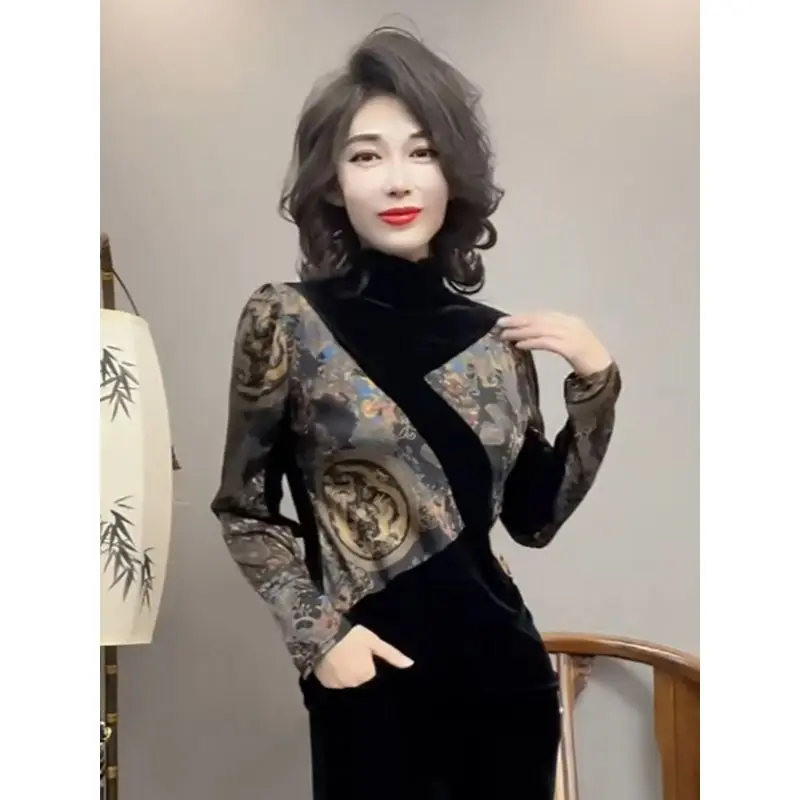 Velvet Patchwork Temperament Print Slim T Shirts Spring Autumn Long Sleeve All-match Vintage Tops Fashion Casual Women Clothing
Velvet Patchwork Temperament Print Slim T Shirts Spring Autumn Long Sleeve All-match Vintage Tops Fashion Casual Women Clothing