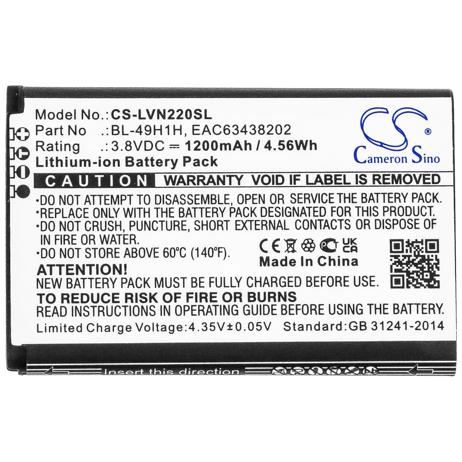 Li-ion Mobile, SmartPhone Battery for LG | 3.8V, 1200mAh | Compatible Model: VN220, UN220, Exalt LTE 4G, Classic Flip, Wine 2
Li-ion Mobile, SmartPhone Battery for LG | 3.8V, 1200mAh | Compatible Model: VN220, UN220, Exalt LTE 4G, Classic Flip, Wine 2