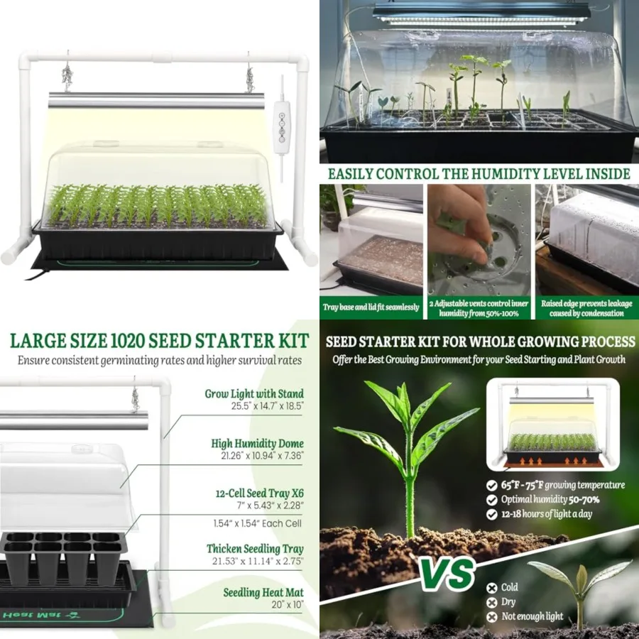 1020 Size Seed Starter Kit with Grow Light and Heat Mat 7" Humidity Dome, 6x12 Cell Seed Starter Tray, Bright-Adjustable with 8
1020 Size Seed Starter Kit with Grow Light and Heat Mat 7" Humidity Dome, 6x12 Cell Seed Starter Tray, Bright-Adjustable with 8