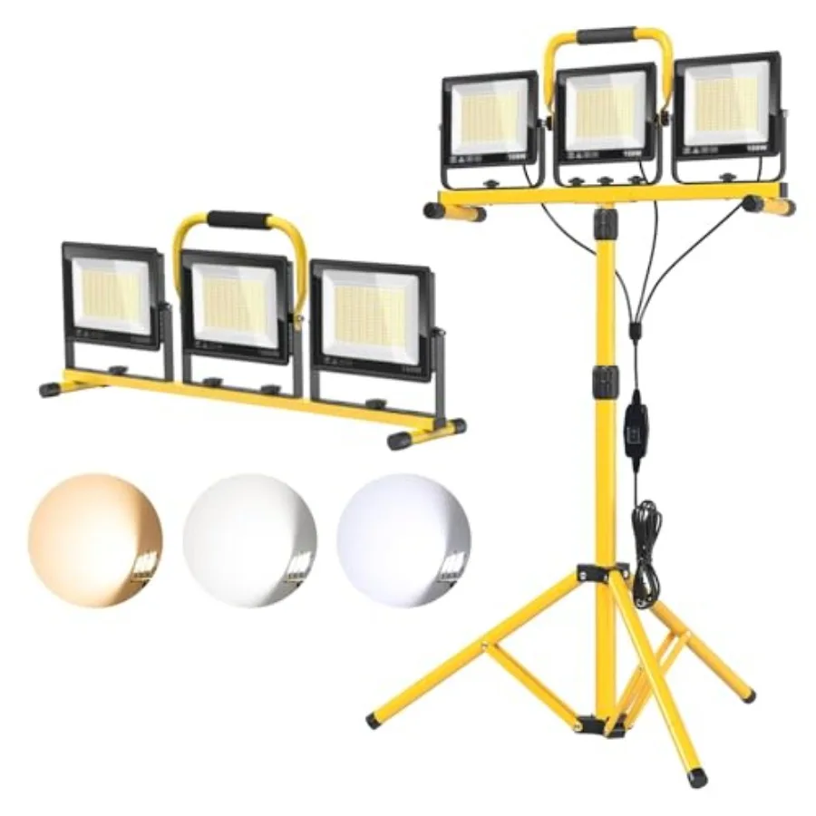 32000LM LED Work Light with Tripod, 3x100W 3-Head Floodlight, Plug-in 120V, 3 CCT 3000K/5000K/6500K, 360° Adjustable, IP66, 43.
32000LM LED Work Light with Tripod, 3x100W 3-Head Floodlight, Plug-in 120V, 3 CCT 3000K/5000K/6500K, 360° Adjustable, IP66, 43.