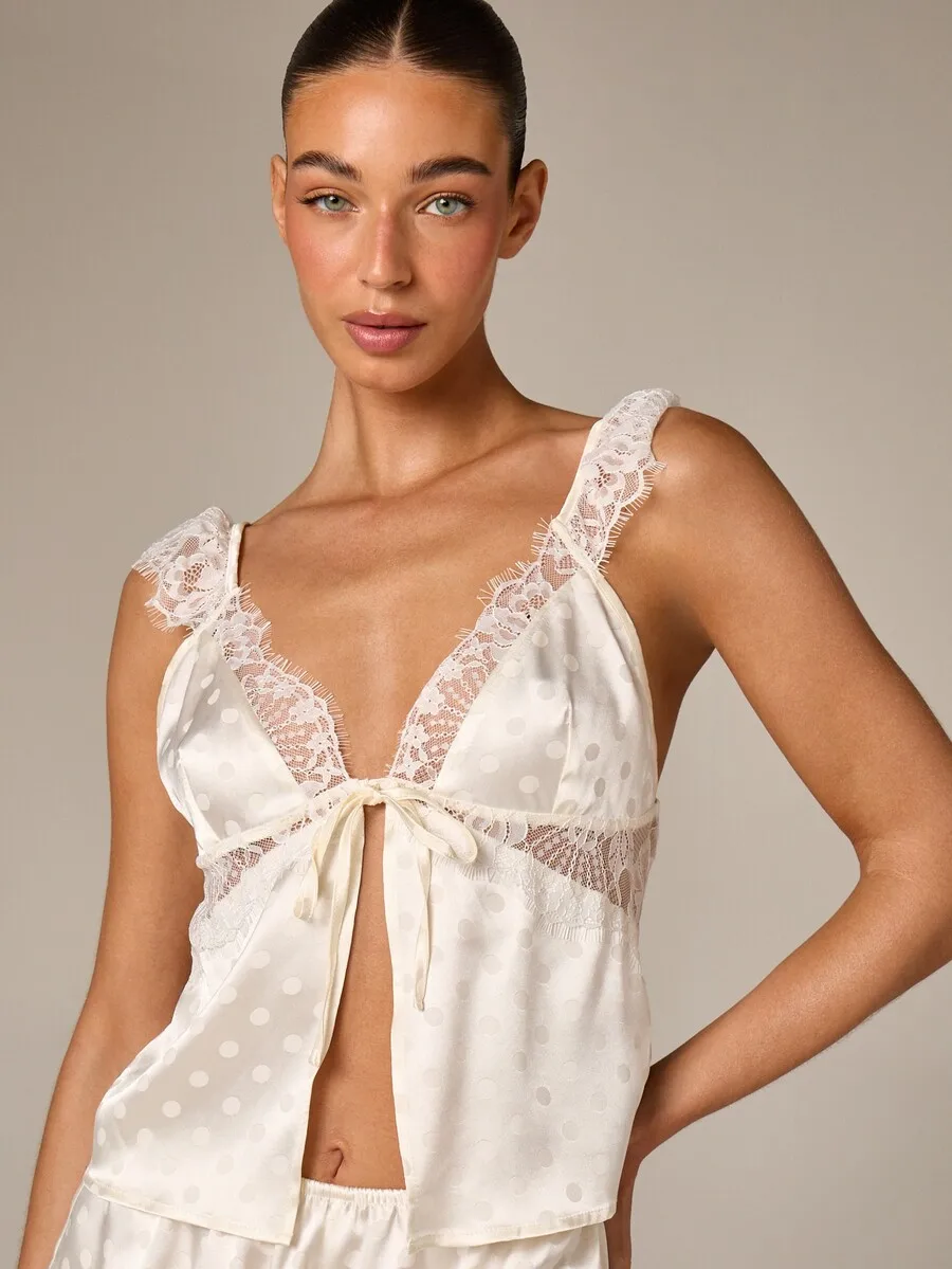 Polka Dot Satin Lace Trim Cami Pajama Set With Shorts For Women
Polka Dot Satin Lace Trim Cami Pajama Set With Shorts For Women