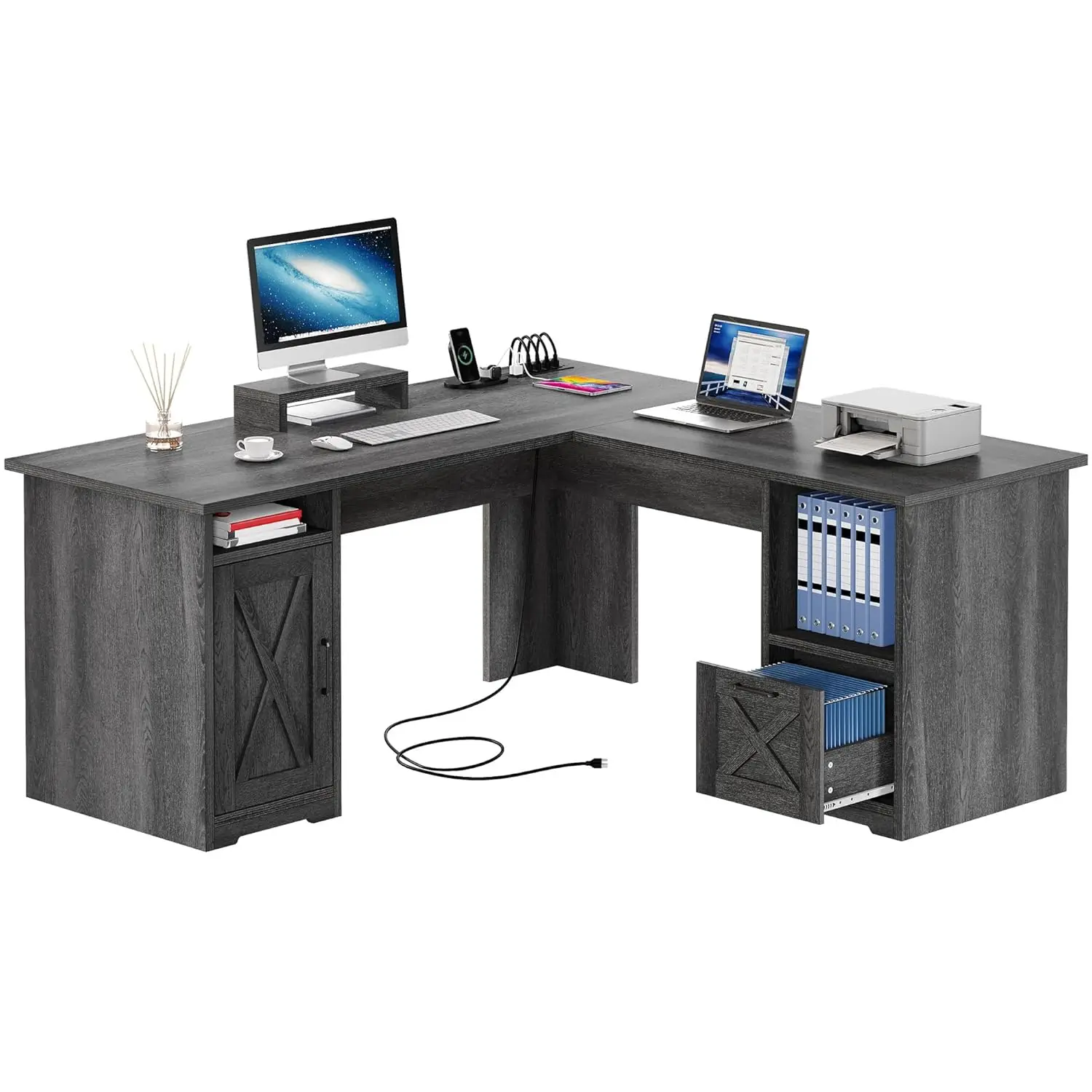 L Shaped Desk Power Outlets 60 Inch Corner File Drawer Monitor Stand Storage Shelves Home Office Grey, Customized
L Shaped Desk Power Outlets 60 Inch Corner File Drawer Monitor Stand Storage Shelves Home Office Grey, Customized