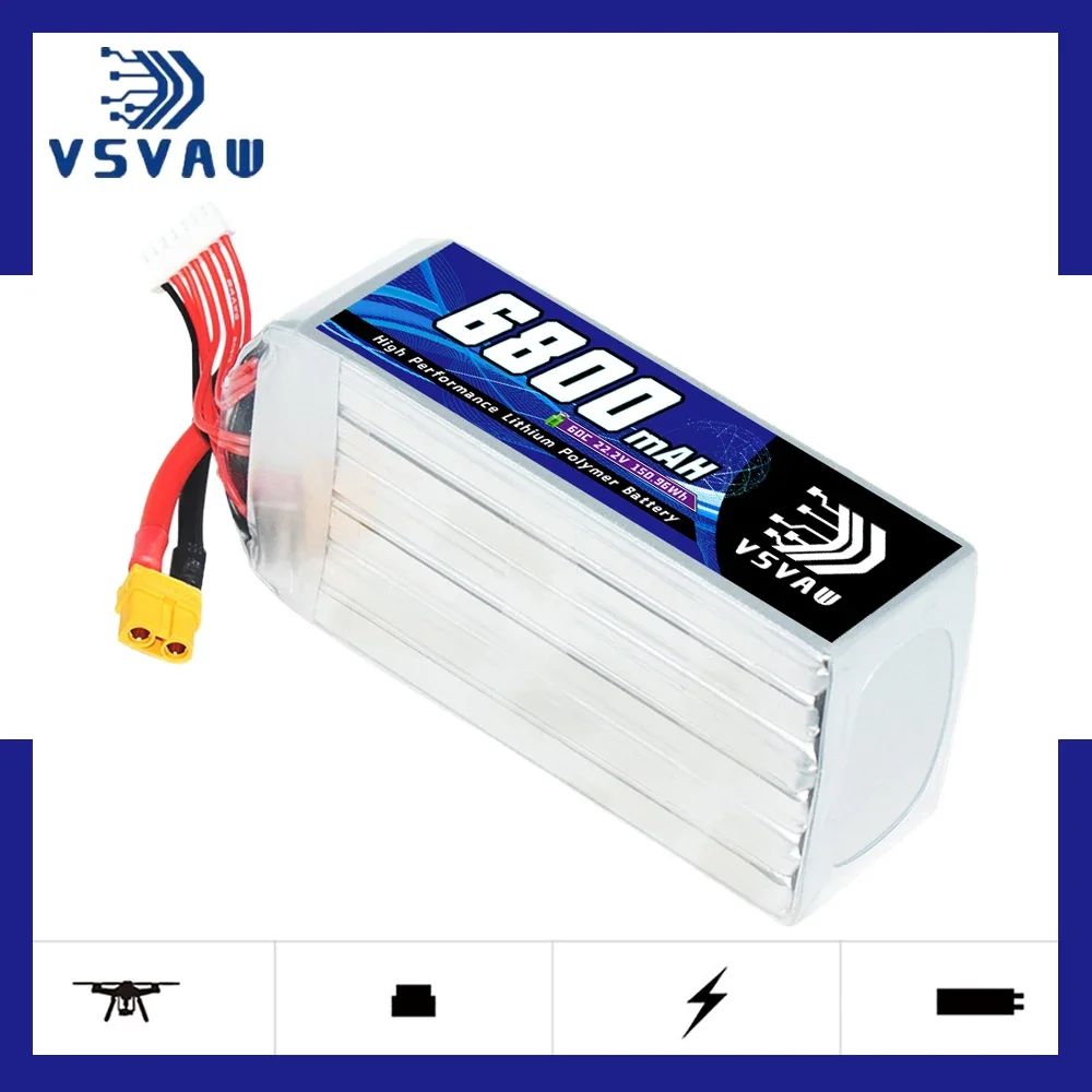 VSVAW Lipo 6S 6800mAh FPV drone battery 22.2V 60C Drone parts with XT60 plug suitable for RC car drone quadcopter
VSVAW Lipo 6S 6800mAh FPV drone battery 22.2V 60C Drone parts with XT60 plug suitable for RC car drone quadcopter
