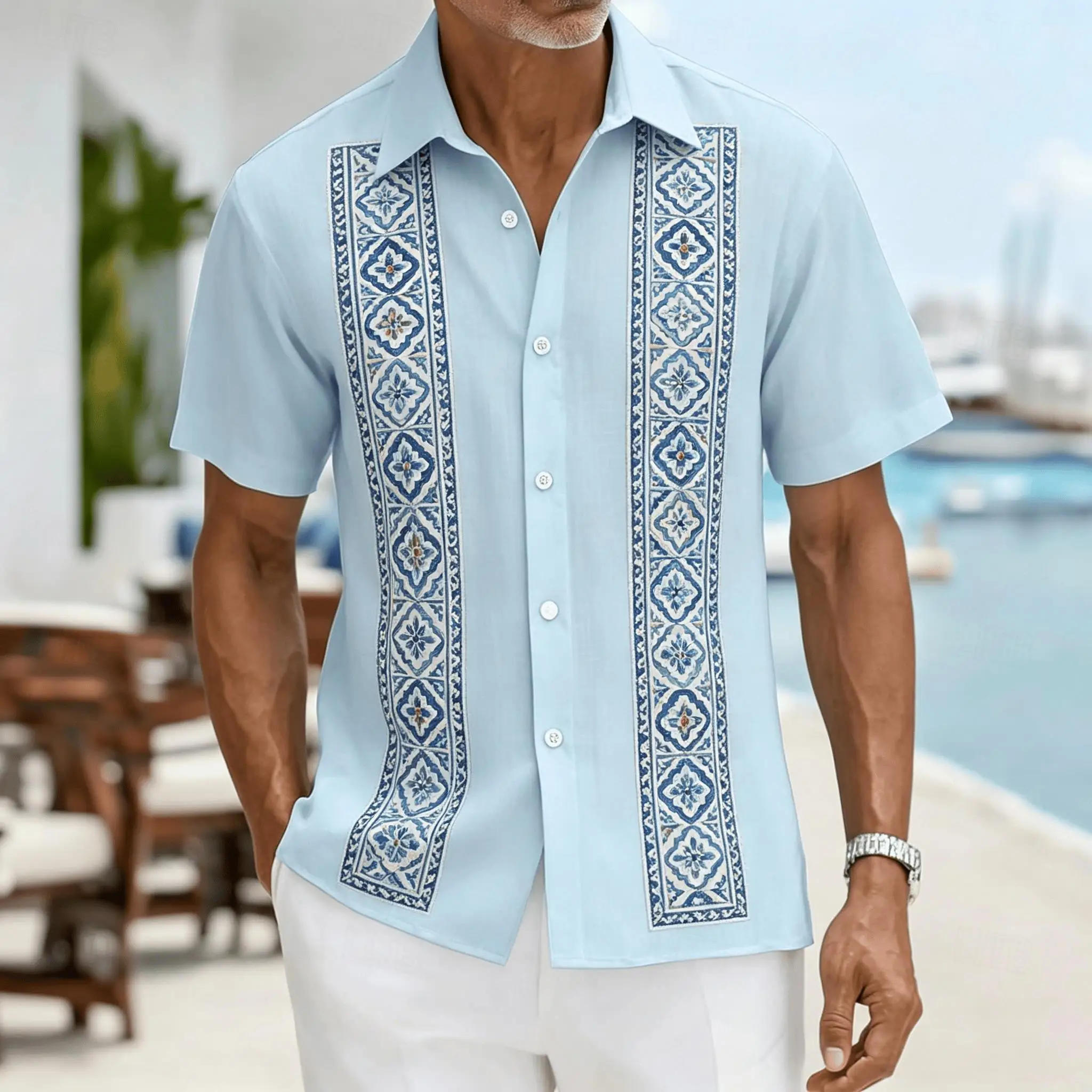 Men's Light Blue Geometric Ethnic Pattern Short Sleeve Shirt, Retro Bohemian Design, Casual Spring Summer Wear
Men's Light Blue Geometric Ethnic Pattern Short Sleeve Shirt, Retro Bohemian Design, Casual Spring Summer Wear