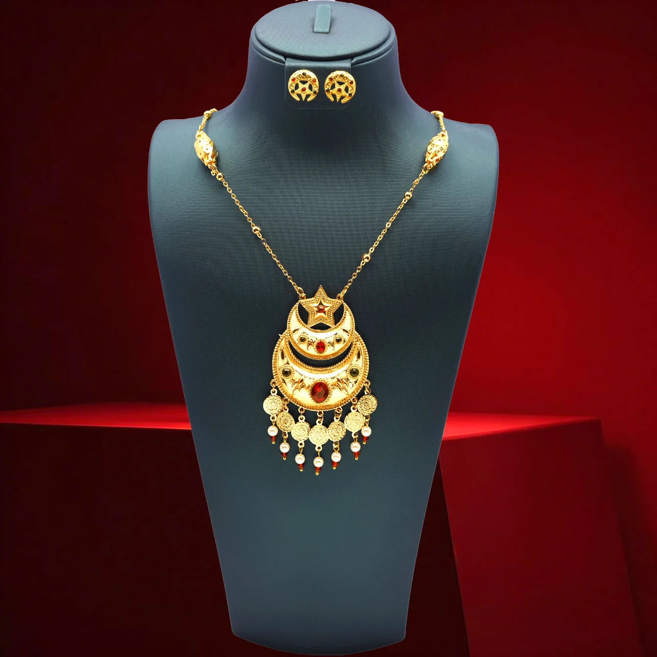 Cross-border Middle East Plated 24K Gold Crescent Diamond Necklace Pendant Earrings Set Bridal Jewelry
Cross-border Middle East Plated 24K Gold Crescent Diamond Necklace Pendant Earrings Set Bridal Jewelry