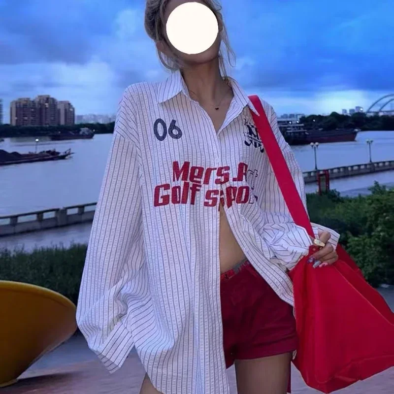 American Retro Letter Print Striped Shirt Women 2025 Spring Casual Loose Button Blouses Street Fashion Long Sleeve Tops
American Retro Letter Print Striped Shirt Women 2025 Spring Casual Loose Button Blouses Street Fashion Long Sleeve Tops