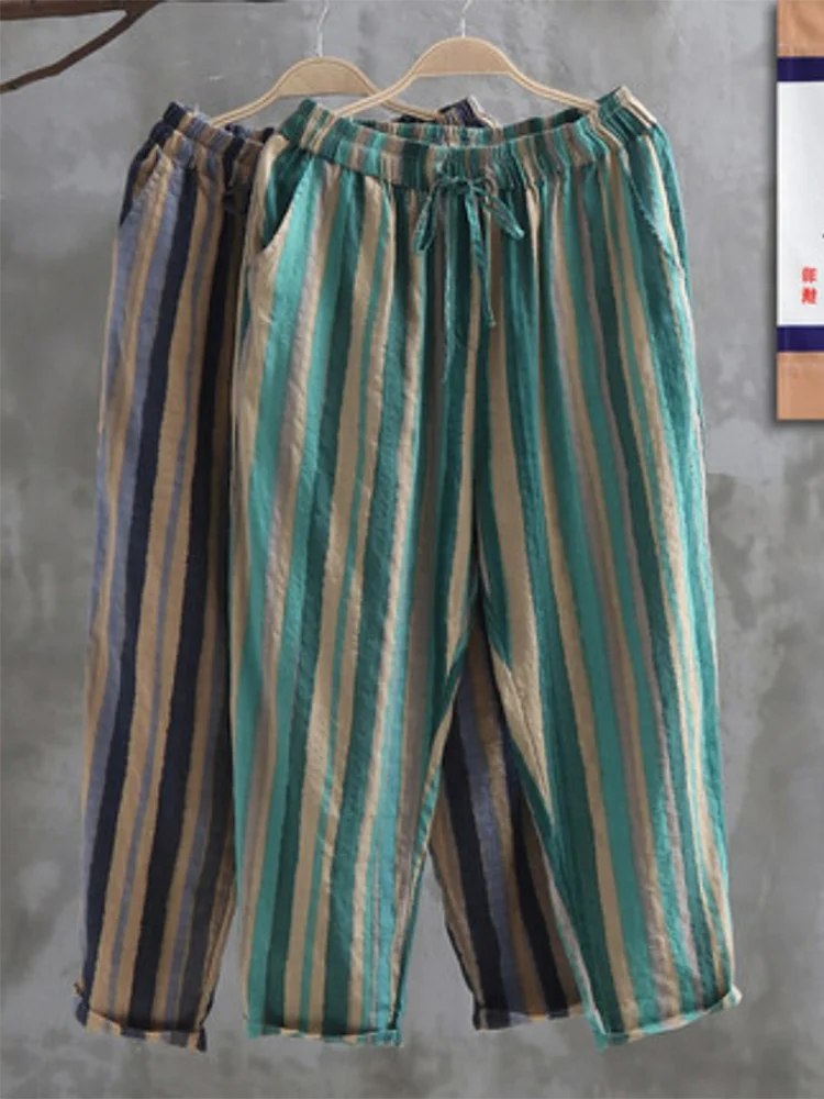 Женские свободные хлопковые льняные шаровары с высокой талией, повседневные полосатые свободные брюки, художественный крой, летние тонкие хлопковые льняные брюки
Женские свободные хлопковые льняные шаровары с высокой талией, повседневные полосатые свободные брюки, художественный крой, летние тонкие хлопковые льняные брюки