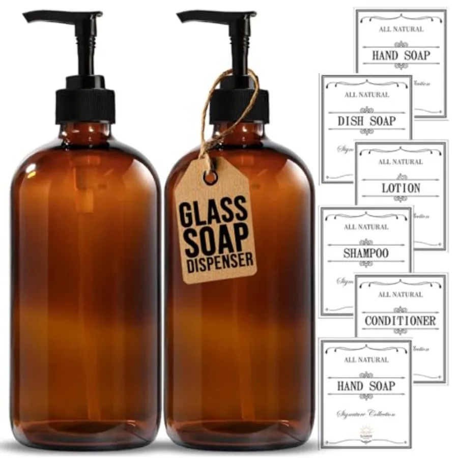 16 OZ Thick Amber Glass Soap Dispenser with Pump 2 Pack, Hand and Dish Soap Dispenser Set for Bathroom with 6 Waterproof Labels
16 OZ Thick Amber Glass Soap Dispenser with Pump 2 Pack, Hand and Dish Soap Dispenser Set for Bathroom with 6 Waterproof Labels