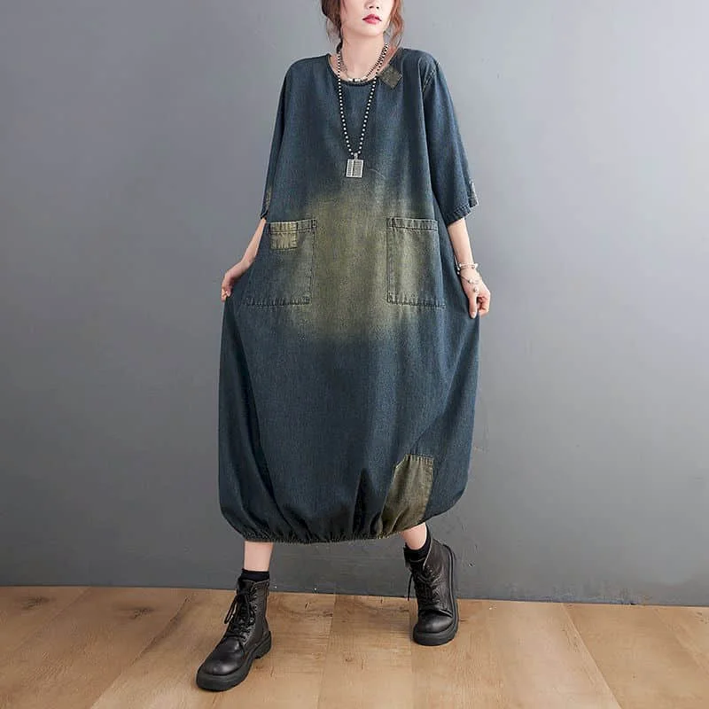 Denim Dresses Women Patchwork O-neck Half Sleeve Casual Loose A-line Skirts Pocket Design Vintage Trend Oversized Artistic Dress
Denim Dresses Women Patchwork O-neck Half Sleeve Casual Loose A-line Skirts Pocket Design Vintage Trend Oversized Artistic Dress
