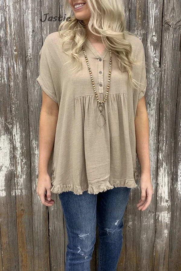 2024 Summer Women's Tops Short Sleeve Cotton And Linen Raw Edge Design V-Neck Button T-Shirt Casual Pullovers
2024 Summer Women's Tops Short Sleeve Cotton And Linen Raw Edge Design V-Neck Button T-Shirt Casual Pullovers
