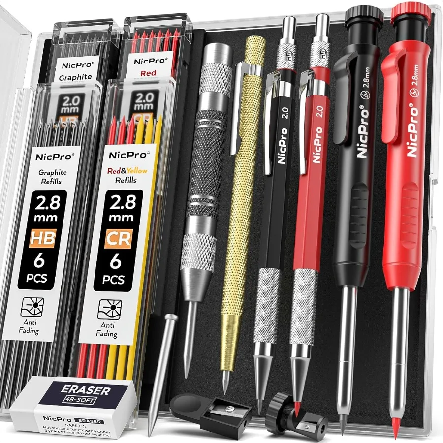 11 Pack Carpenter Pencil Set with Sharpener Mechanical Carpenter Pencils with 40 Refill Automatic Center Punch and Carbide Scri
11 Pack Carpenter Pencil Set with Sharpener Mechanical Carpenter Pencils with 40 Refill Automatic Center Punch and Carbide Scri
