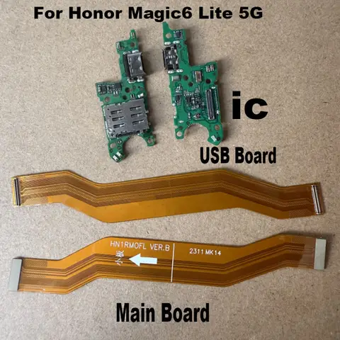 For Honor Magic6 Lite USB Charging Board Dock Port Mic Microphone Connector + Main Board Motherboard Flex Cable Magic 6 Lite