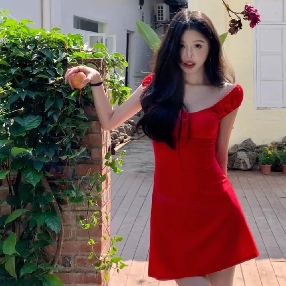 Cute Round Collar Red Dress Drawstring Pleated Mini Dress Slim Fit A Line Dress Holiday
Cute Round Collar Red Dress Drawstring Pleated Mini Dress Slim Fit A Line Dress Holiday