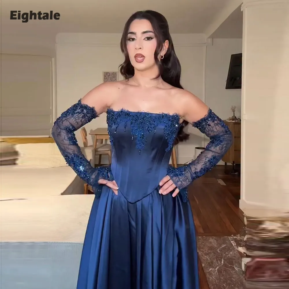 Eightale Arabic Evening Dress Strapless Customized Prom Satin Appliques Beaded Long Sleeves Wedding Party Gown Vestidos De Gala
Eightale Arabic Evening Dress Strapless Customized Prom Satin Appliques Beaded Long Sleeves Wedding Party Gown Vestidos De Gala