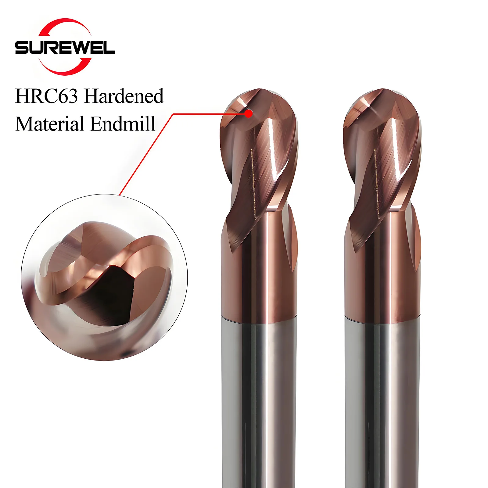 SUREWEL HRC63 Hardened Material Ball Nose Endmill AlTiSiN Coating R1.5 R2 R3 R4 R5 R6 Tungsten Milling Cutter Metalworking tools
SUREWEL HRC63 Hardened Material Ball Nose Endmill AlTiSiN Coating R1.5 R2 R3 R4 R5 R6 Tungsten Milling Cutter Metalworking tools