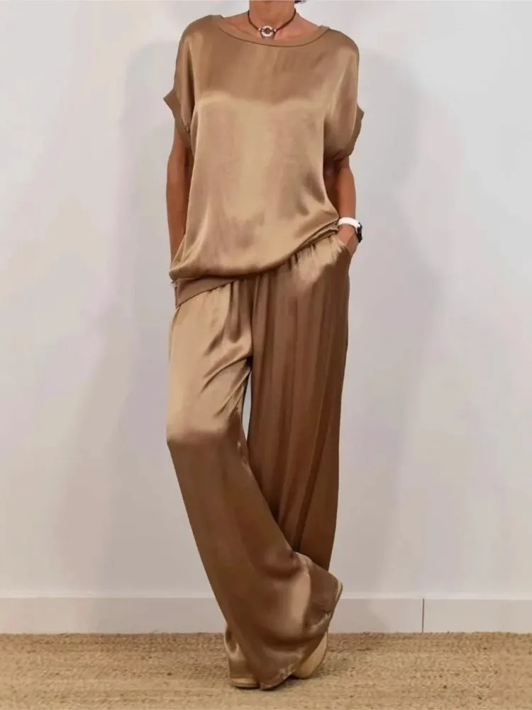 Summer Women's Satin Set Spring New Solid O-Neck Short Sleeve Loose Shirt & Wide Leg Pants Set Casual Trousers Two Piece Sets
Summer Women's Satin Set Spring New Solid O-Neck Short Sleeve Loose Shirt & Wide Leg Pants Set Casual Trousers Two Piece Sets