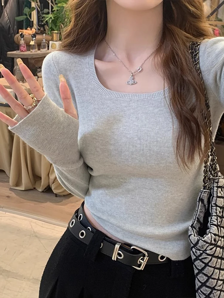 Gray Square Collar Knitted Sweater Base Shirt Women's New Style Spring Autumn Outerwear Versatile Slimming Inner Wear Winter
Gray Square Collar Knitted Sweater Base Shirt Women's New Style Spring Autumn Outerwear Versatile Slimming Inner Wear Winter