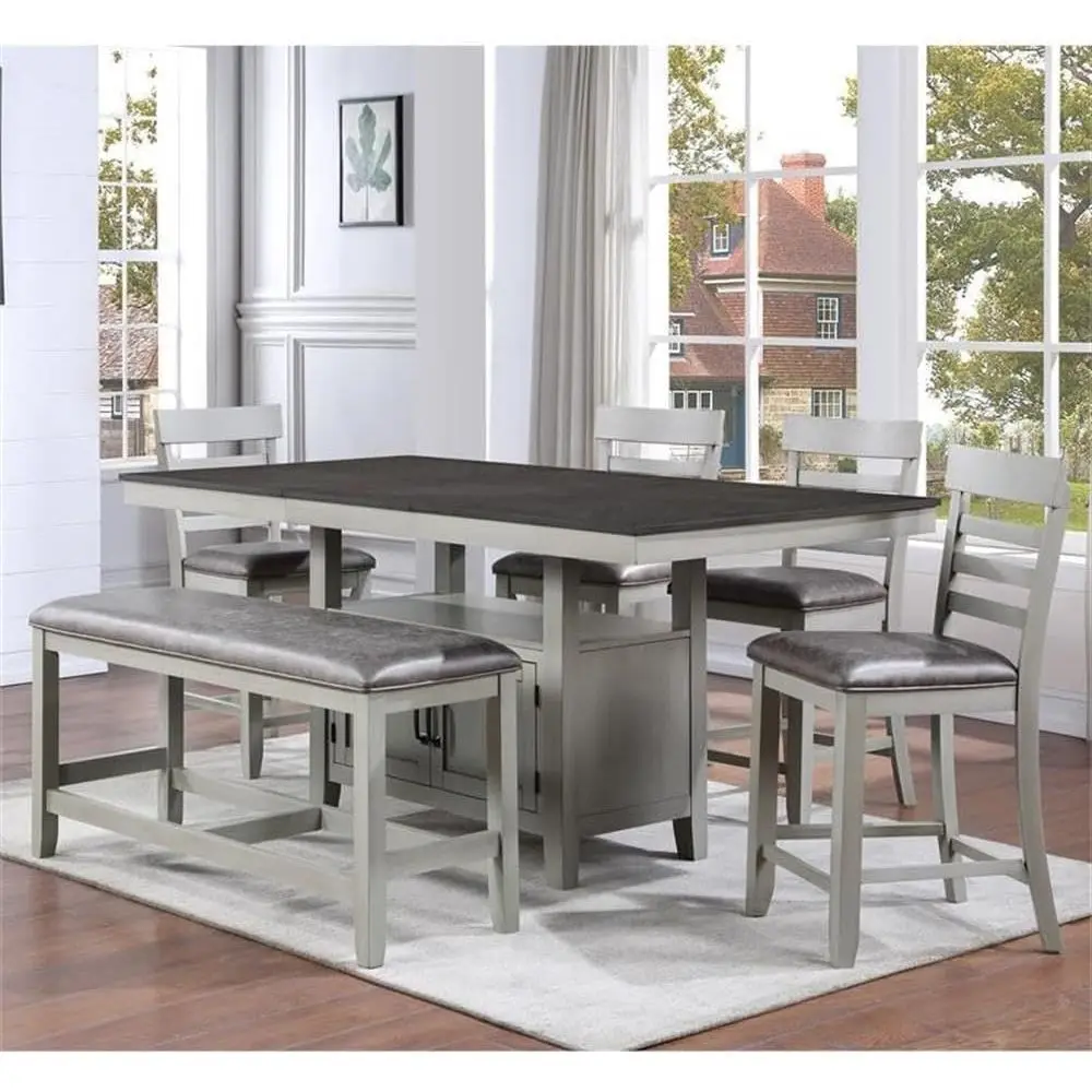6-Piece Counter Height Dining Set, Stone Gray and Charcoal Wood, 80 Table with 20 Leaf, Chevron Veneer, Leather Seats, Storage B
6-Piece Counter Height Dining Set, Stone Gray and Charcoal Wood, 80 Table with 20 Leaf, Chevron Veneer, Leather Seats, Storage B