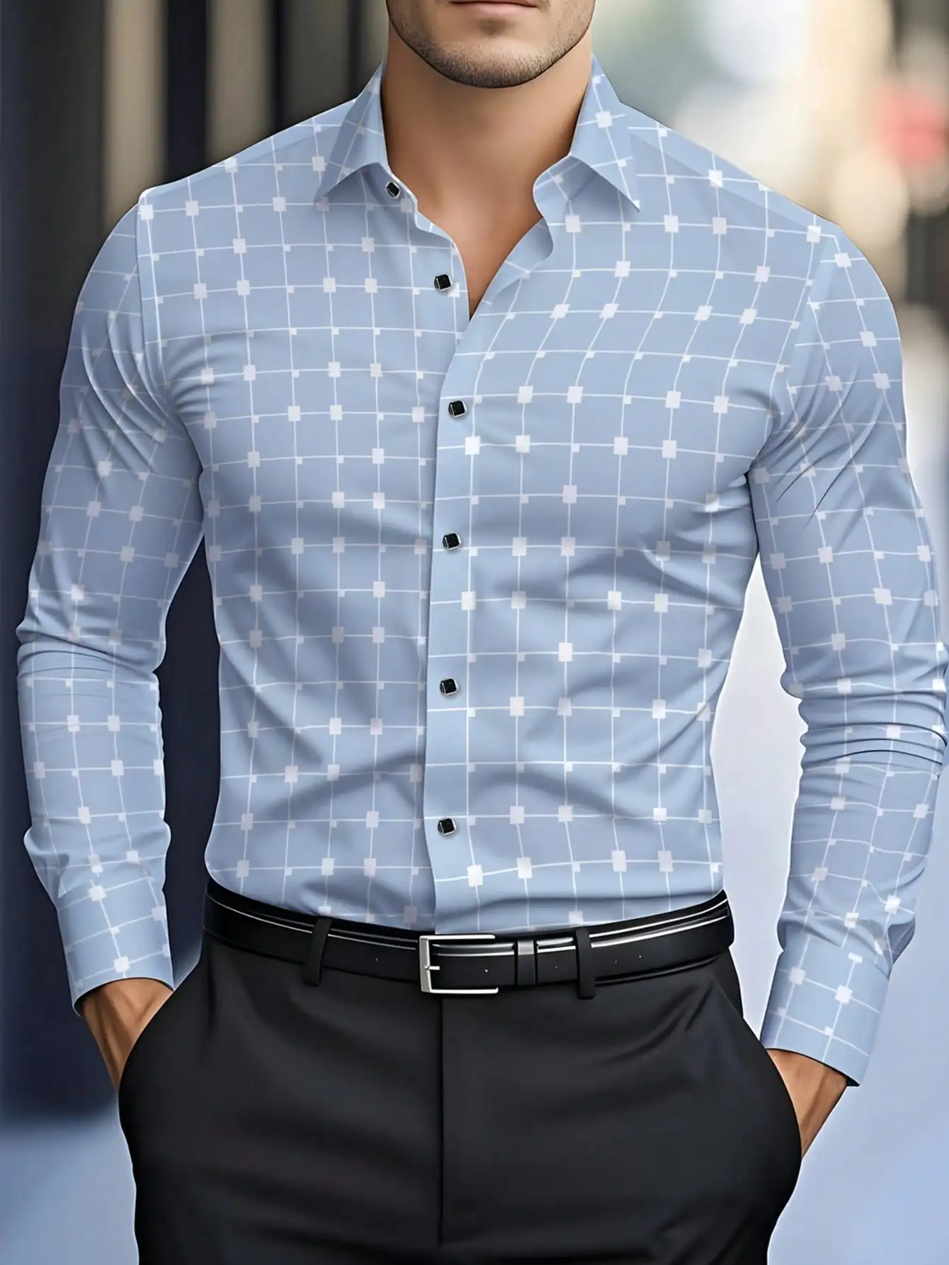 Men's Light Blue Geometric Grid Print Long Sleeve Casual Shirt
Men's Light Blue Geometric Grid Print Long Sleeve Casual Shirt