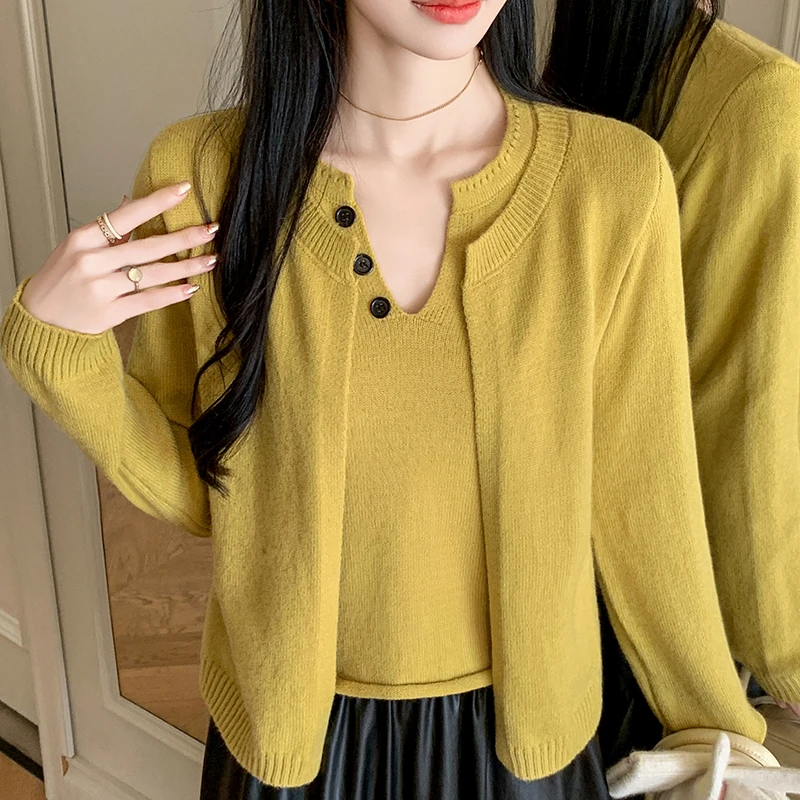 High Qualiy Fake Two-piece Knitted Cardigan Women Design Long-sleeved Sweater Tops Female Fall Winter Elegant V Neck Jumper
High Qualiy Fake Two-piece Knitted Cardigan Women Design Long-sleeved Sweater Tops Female Fall Winter Elegant V Neck Jumper