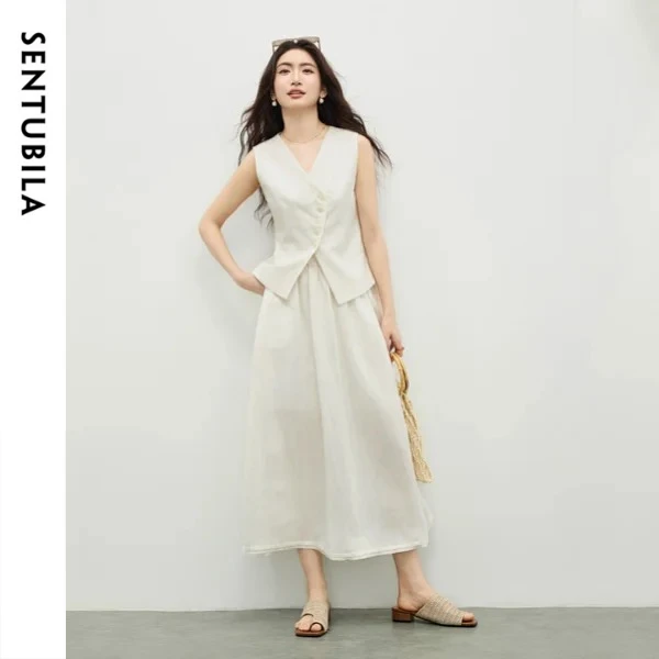 SENTUBILA Women's Minimalist Office Set 2026 Summer Raw Linen V-Neck Front Vest Elastic Waist A-Line Skirt 2 Piece 162ZC6195
SENTUBILA Women's Minimalist Office Set 2026 Summer Raw Linen V-Neck Front Vest Elastic Waist A-Line Skirt 2 Piece 162ZC6195