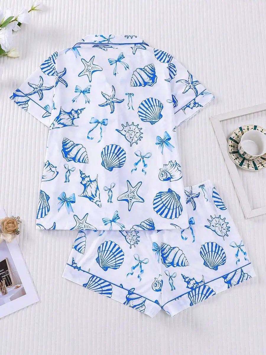 2pcs Women Sleepwear Set Shell And Bow Print Short Sleeve Button Top With Elastic Shorts
2pcs Women Sleepwear Set Shell And Bow Print Short Sleeve Button Top With Elastic Shorts