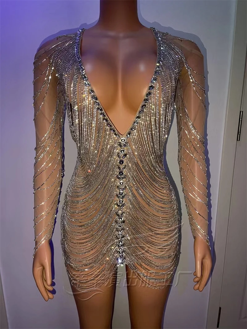 Sexy Silver Elastic Rhinestone Drill Chain Tassel Showing Hip Skirt Dress Nightclub Female Singer Stage Show Performance Set
Sexy Silver Elastic Rhinestone Drill Chain Tassel Showing Hip Skirt Dress Nightclub Female Singer Stage Show Performance Set