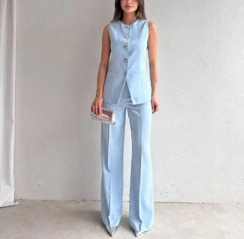 Women's New Solid Color Sleeveless Round Neck Button Up Top Straight Leg Pants Casual Set 
Women's New Solid Color Sleeveless Round Neck Button Up Top Straight Leg Pants Casual Set