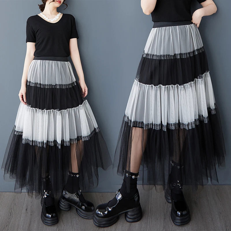 Summer New Fashion Slimming Black White Mesh Splice Elastic Waist Versatile Half Body Skirt A-Line Midi Skirt Polyester Fiber
Summer New Fashion Slimming Black White Mesh Splice Elastic Waist Versatile Half Body Skirt A-Line Midi Skirt Polyester Fiber