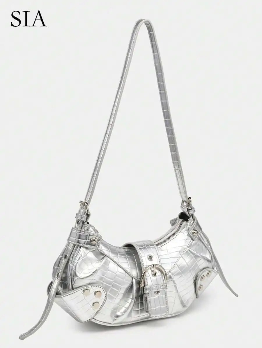 Silver Croc-Embossed Vegan Leather Saddle Bag with Buckle Strap
Silver Croc-Embossed Vegan Leather Saddle Bag with Buckle Strap