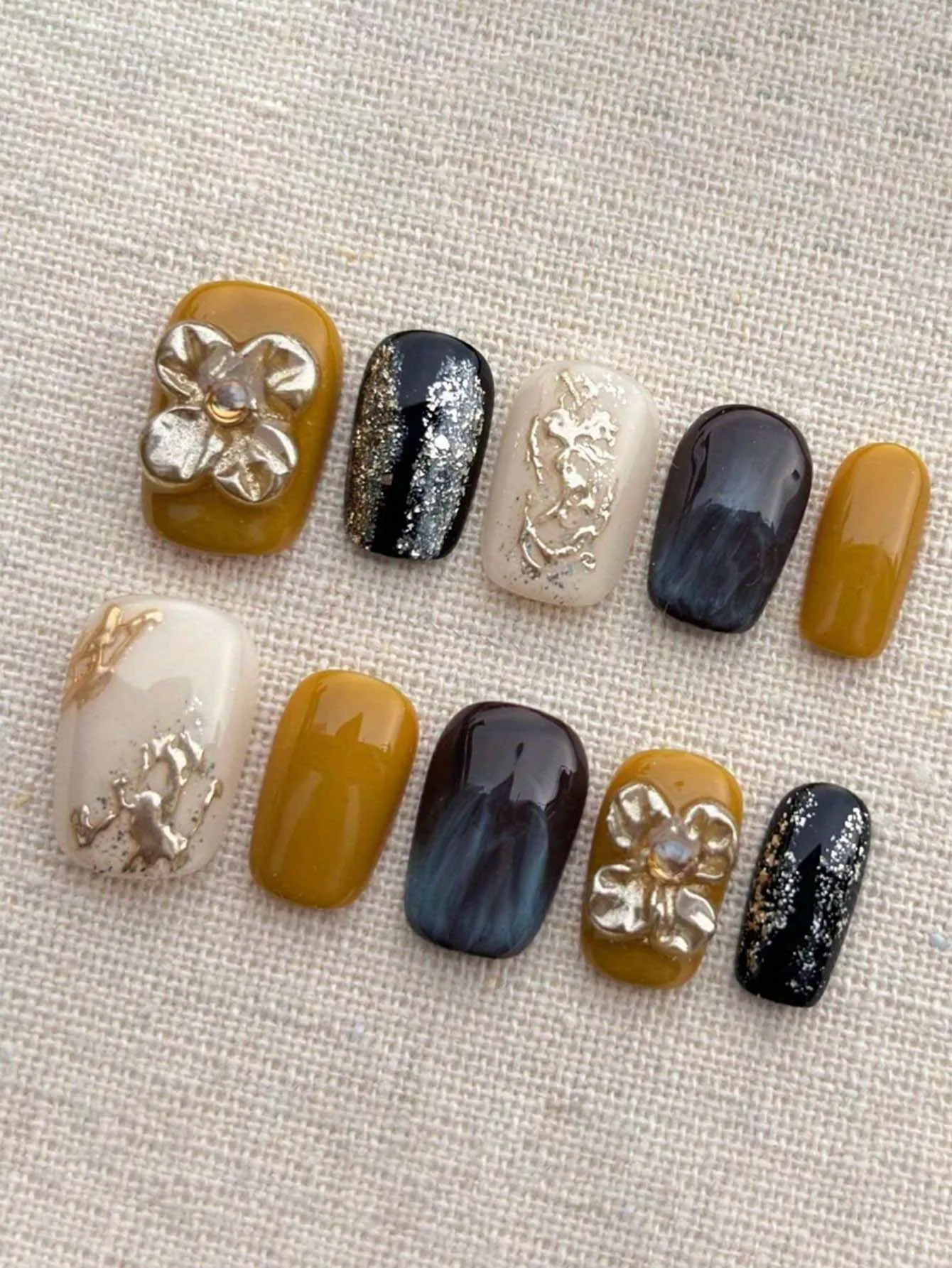 10pc Ukiyo-e Oval Nails Sunburst-Yellow/Black-Ivory w/gilded 3D florals. Hand-carved reusable art. Any-style women daily/events
10pc Ukiyo-e Oval Nails Sunburst-Yellow/Black-Ivory w/gilded 3D florals. Hand-carved reusable art. Any-style women daily/events