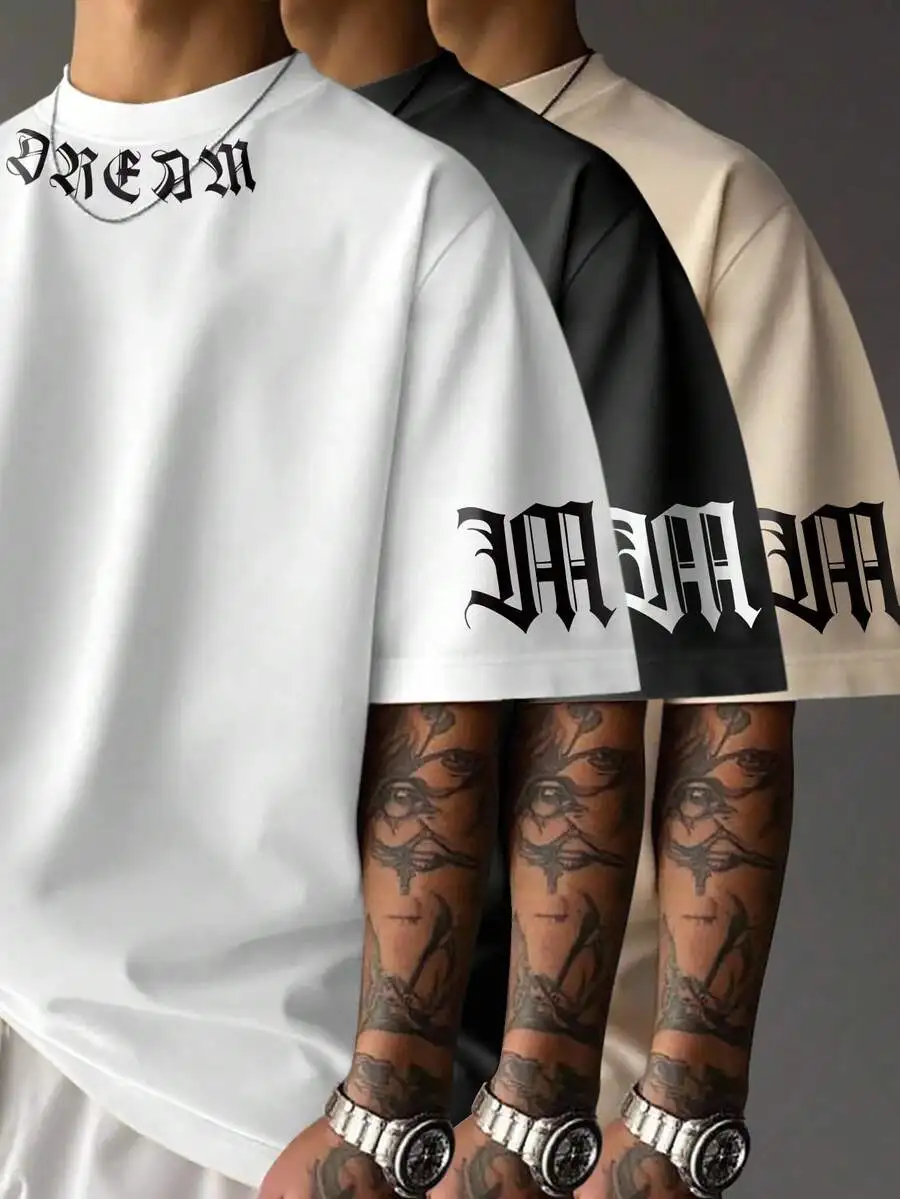 Oversized Drop Shoulder Short Sleeve T-Shirt With Gothic Blackletter DREAM Print, Neutral Tone Streetwear Tee For Men
Oversized Drop Shoulder Short Sleeve T-Shirt With Gothic Blackletter DREAM Print, Neutral Tone Streetwear Tee For Men