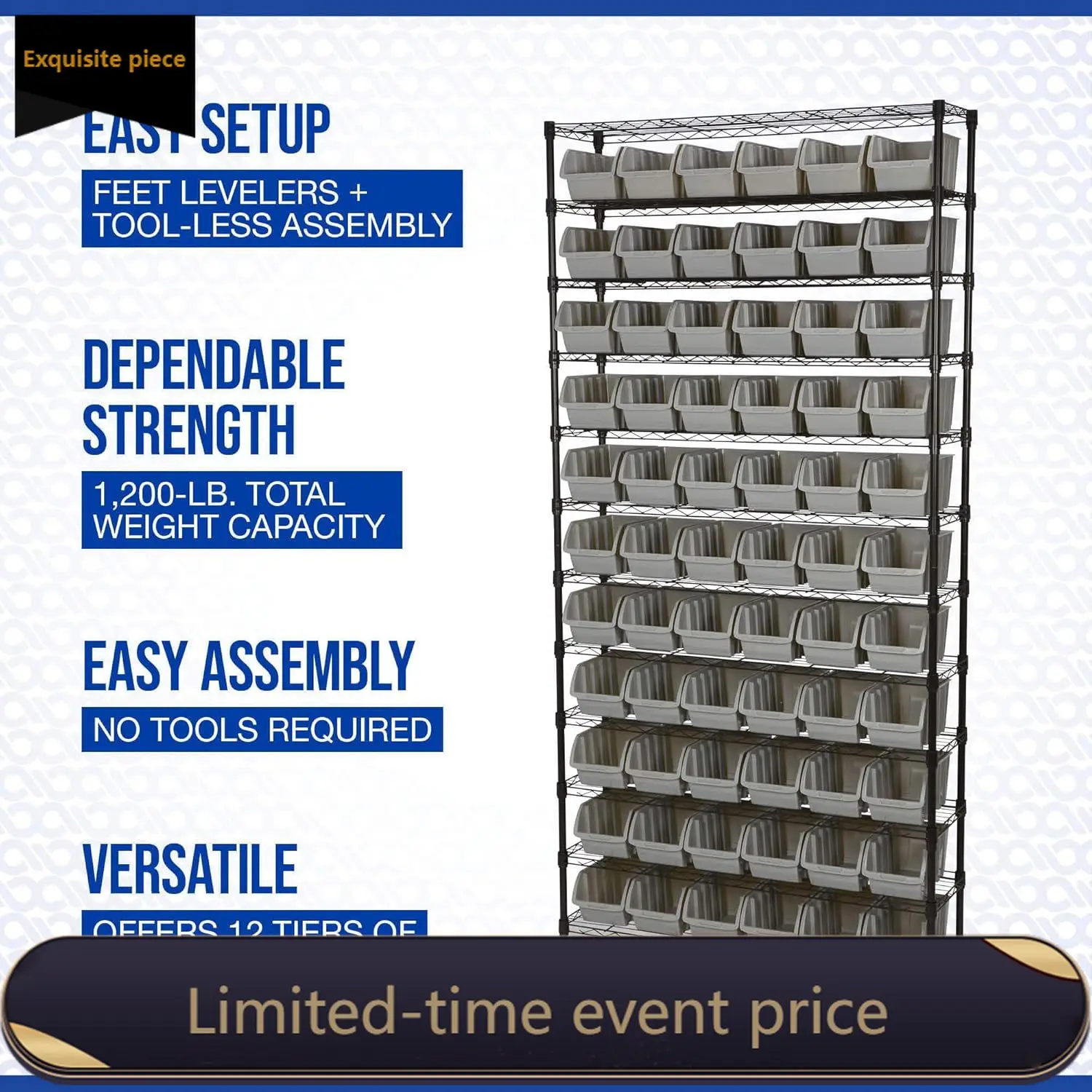 12-Tier Single Side Wire Shelving Unit with 66 Bins - 39.5in.L x 16in.W x 80.5in.H
12-Tier Single Side Wire Shelving Unit with 66 Bins - 39.5in.L x 16in.W x 80.5in.H