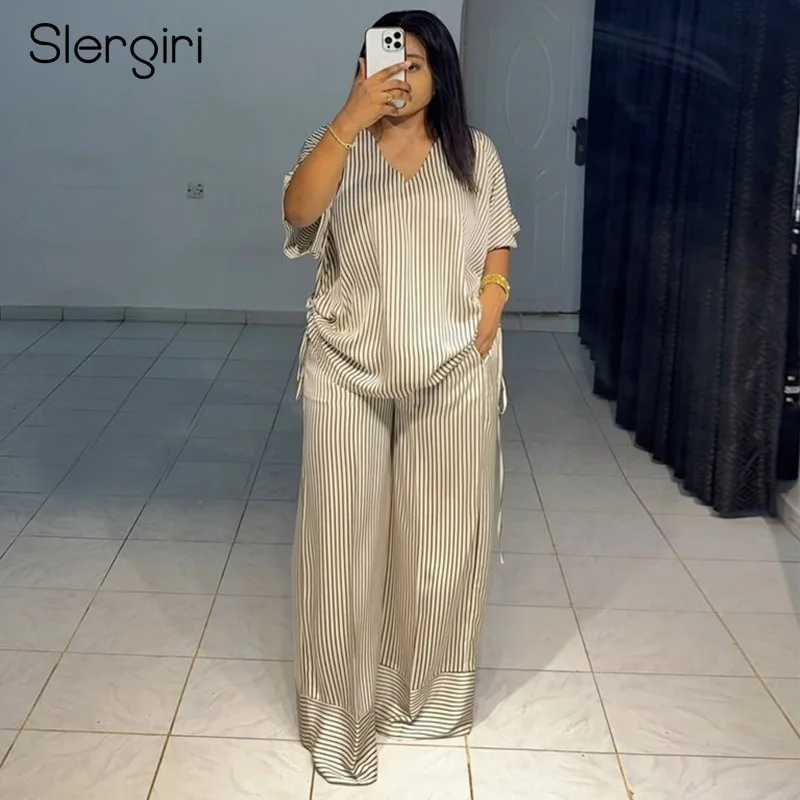 Slergiri Women's Striped Pants Set 2025 Summer V-neck Half Sleeve Side Drawstring Top with Wide Leg Trousers Casual Woman Outfit
Slergiri Women's Striped Pants Set 2025 Summer V-neck Half Sleeve Side Drawstring Top with Wide Leg Trousers Casual Woman Outfit