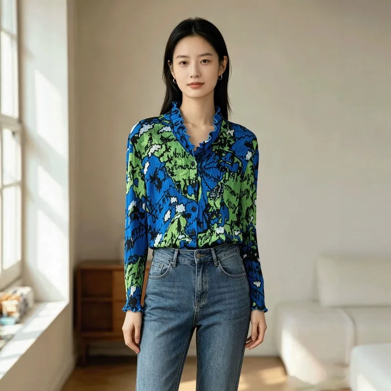 Miyake Pleated jacket 2026 Niche Design Pleats Printed Shirt Women Stand Collar Ruffled Edge Personalized Graffiti Cardigan Top
Miyake Pleated jacket 2026 Niche Design Pleats Printed Shirt Women Stand Collar Ruffled Edge Personalized Graffiti Cardigan Top