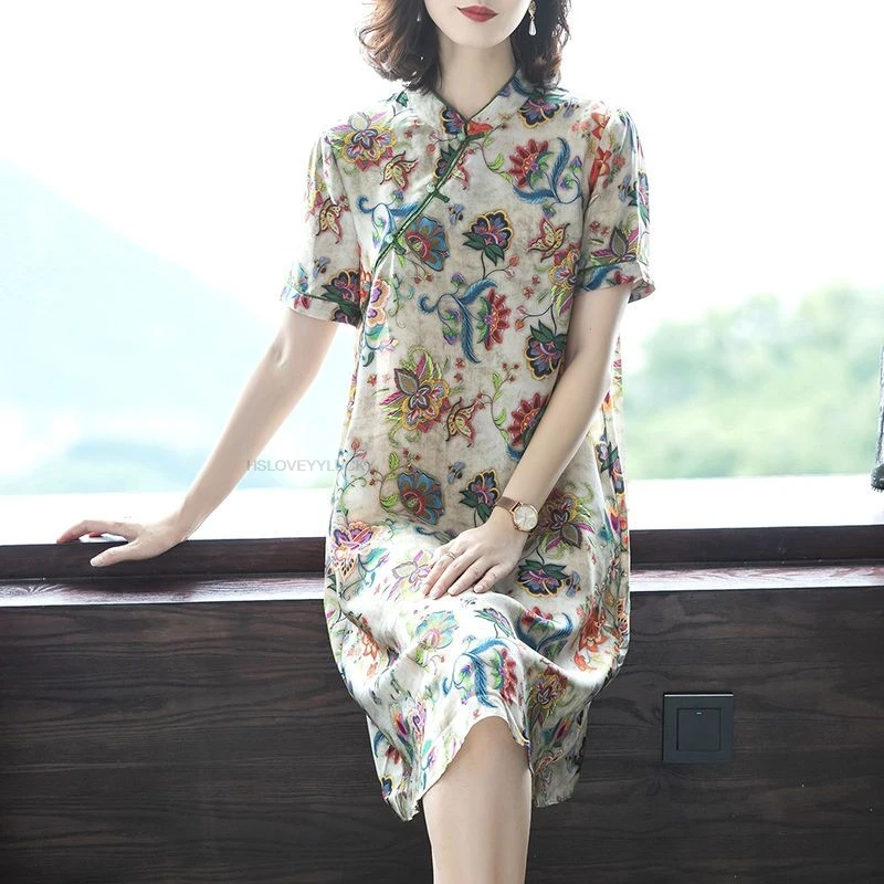 Chinese Flower Printed Short Sleeve Casual Qipao Dress Fashion Improved Mid-length Style Women Loose Daily Cheongsam
Chinese Flower Printed Short Sleeve Casual Qipao Dress Fashion Improved Mid-length Style Women Loose Daily Cheongsam