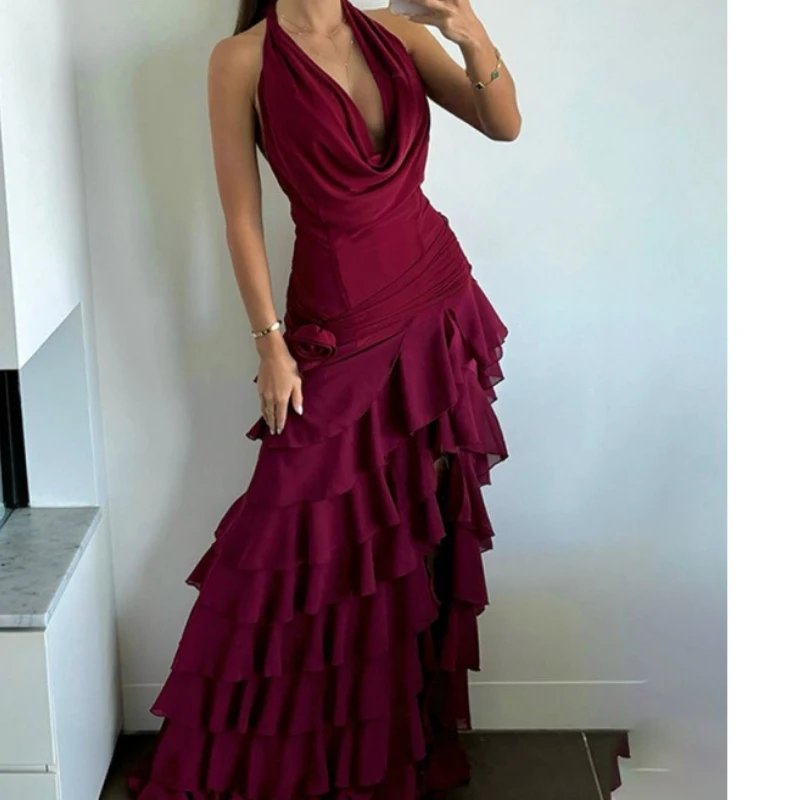 Elegant Dress Women Fashion Gowns V-neck Halter Ruffled Long skirts Sexy Sleeveless Backless Solid Party Dresses Autumn 2025 New
Elegant Dress Women Fashion Gowns V-neck Halter Ruffled Long skirts Sexy Sleeveless Backless Solid Party Dresses Autumn 2025 New