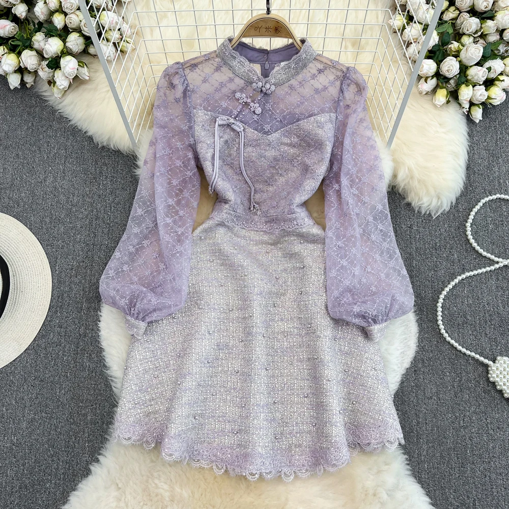 Vintage Spring Autumn Chinese Cheongsam Purple Dress Luxury Women Stand Collar Beaded Mesh Embroidery Patchwork Tweed Mini Dress
Vintage Spring Autumn Chinese Cheongsam Purple Dress Luxury Women Stand Collar Beaded Mesh Embroidery Patchwork Tweed Mini Dress
