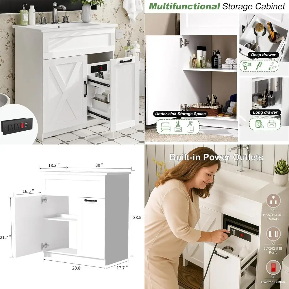 30-дюймовый современный туалетный столик с керамической раковиной, смесителем под монтаж, одинарным шкафом и ящиком.
30-дюймовый современный туалетный столик с керамической раковиной, смесителем под монтаж, одинарным шкафом и ящиком.