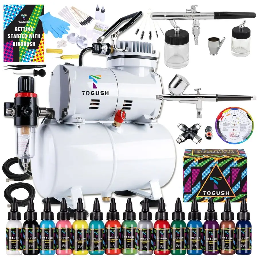 Kit with Air Compressor, 15 Color Airbush Paint, Gravity Airbrush And Siphon Airbrush, 1 6 HP Quiet Air Compressor with 3L Tank,
Kit with Air Compressor, 15 Color Airbush Paint, Gravity Airbrush And Siphon Airbrush, 1 6 HP Quiet Air Compressor with 3L Tank,