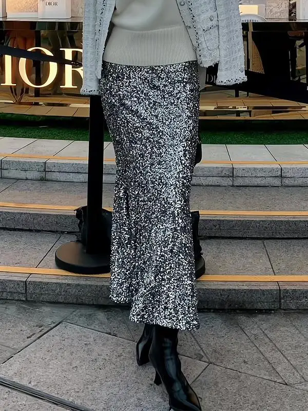 iny серебряная юбка трапециевидной формы с блестками, женская весенняя дизайнерская длинная юбка с высокой талией для похудения, модная модная юбка 
iny серебряная юбка трапециевидной формы с блестками, женская весенняя дизайнерская длинная юбка с высокой талией для похудения, модная модная юбка