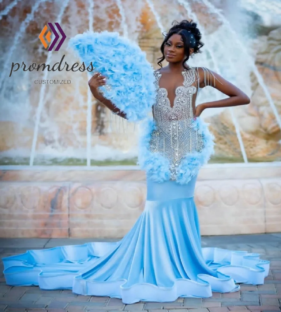 Luxury Baby Blue Feather Evening Dress With Tassel Plus Size Black Girls Diamond Prom Dress Bespoke Birthday Party Customized
Luxury Baby Blue Feather Evening Dress With Tassel Plus Size Black Girls Diamond Prom Dress Bespoke Birthday Party Customized