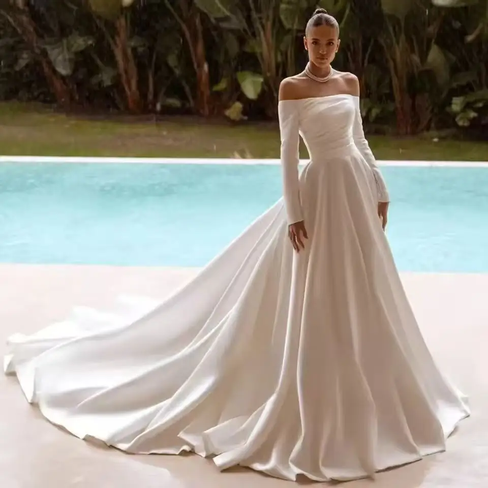 Customized Modern A-line Wedding Dresses Boat Neck Long Sleeves Court Train Satin Bridal Gown for Bride Simple vestido de novia
Customized Modern A-line Wedding Dresses Boat Neck Long Sleeves Court Train Satin Bridal Gown for Bride Simple vestido de novia