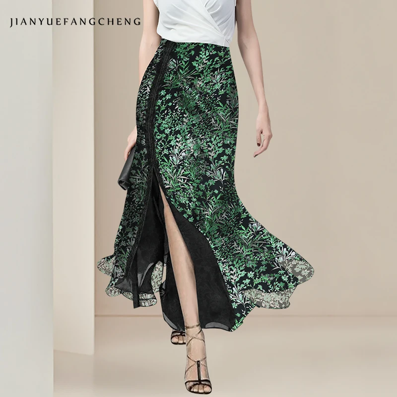2025 Summer New Green Plants Print Chiffon Pencil Skirt Womens High Waist Lace Spliced Slit Long Skirts Elegant Flowing
2025 Summer New Green Plants Print Chiffon Pencil Skirt Womens High Waist Lace Spliced Slit Long Skirts Elegant Flowing