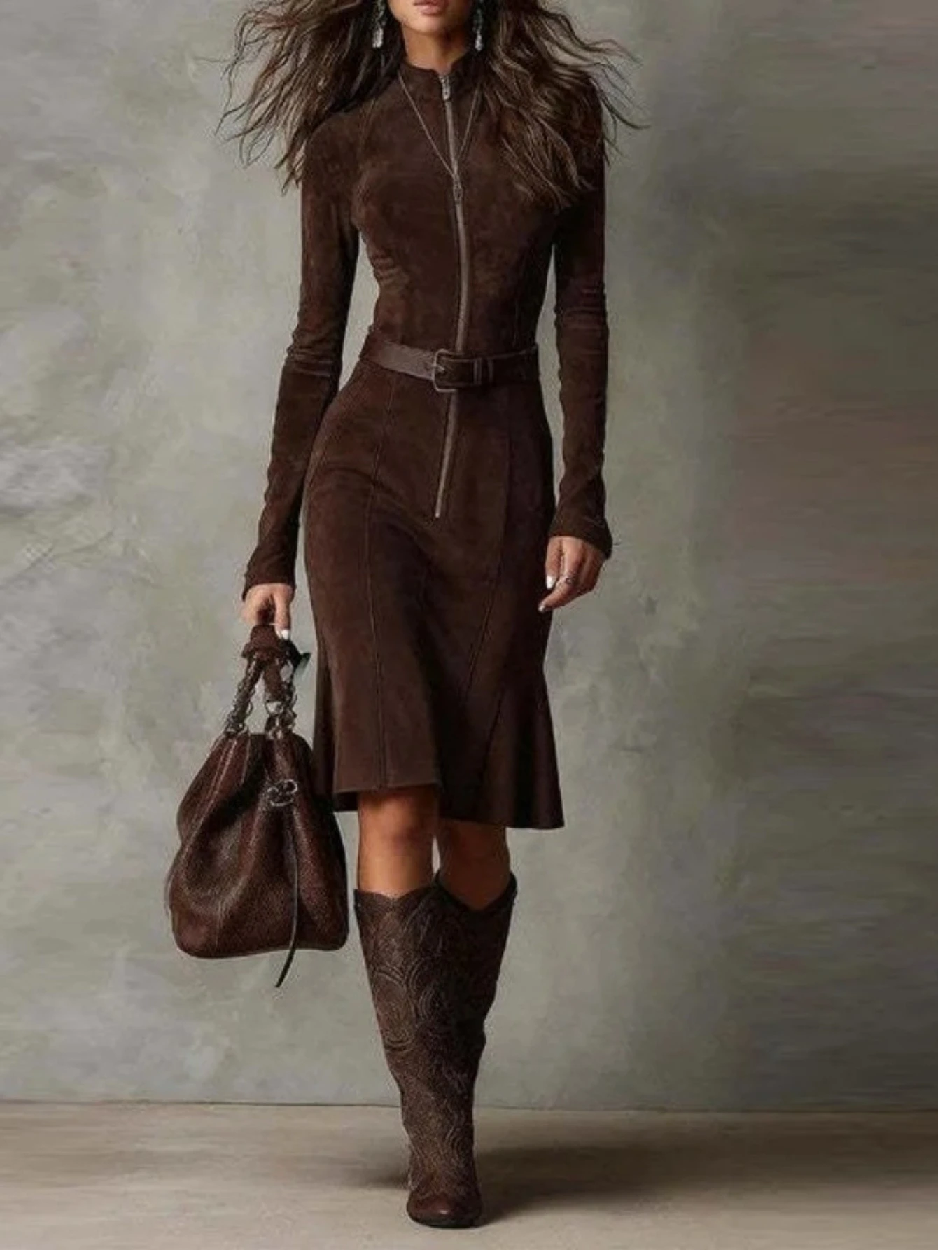 New Fashion Temperament Zipper Long Sleeve Party Dress With Belt Autumn Winter
New Fashion Temperament Zipper Long Sleeve Party Dress With Belt Autumn Winter