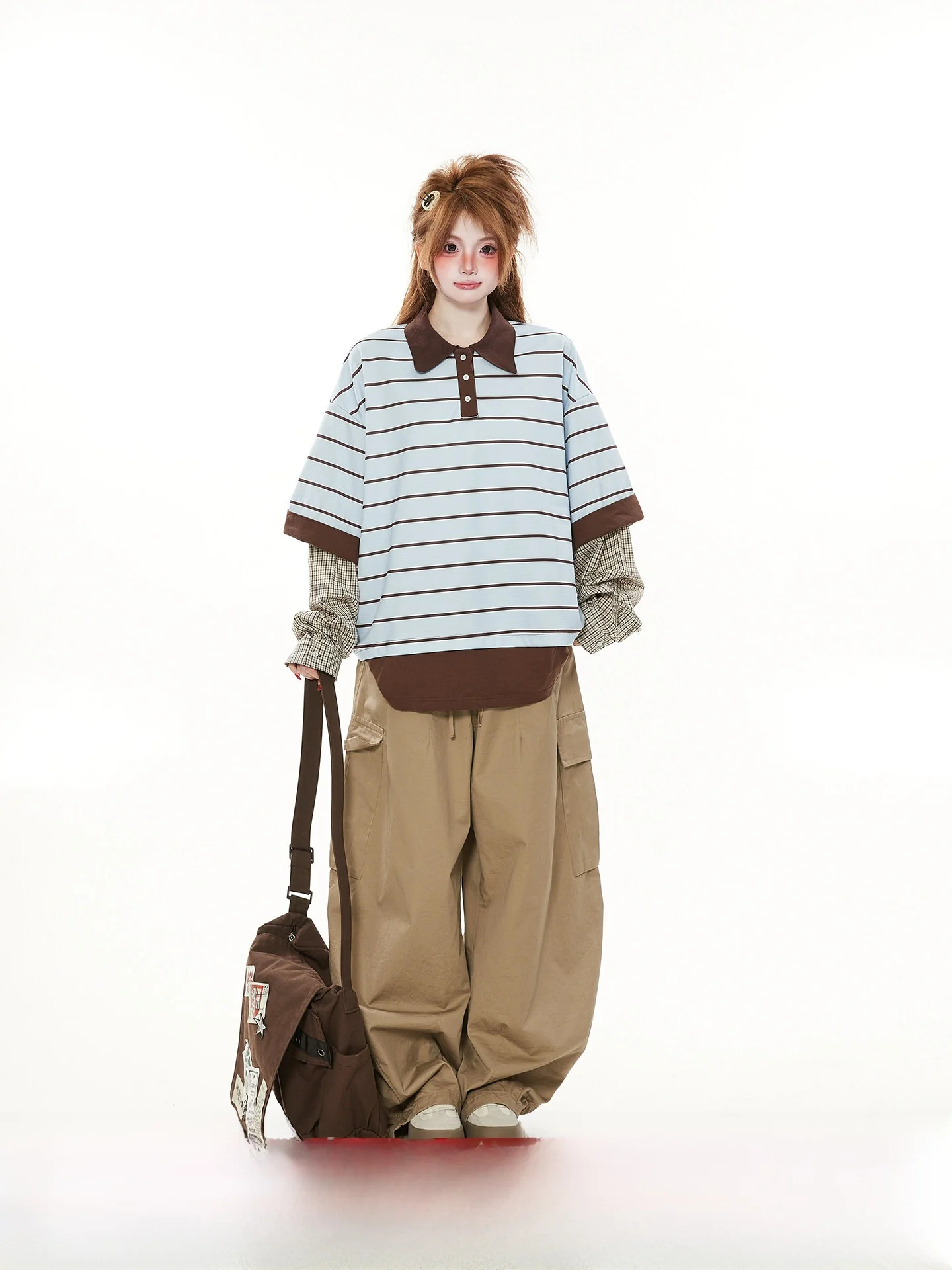 American Casual Plaid Splicing Blue Striped Collar T-irt Women's Spring Autumn Loose High-End Feeling Fake Two-Piece Top
American Casual Plaid Splicing Blue Striped Collar T-irt Women's Spring Autumn Loose High-End Feeling Fake Two-Piece Top