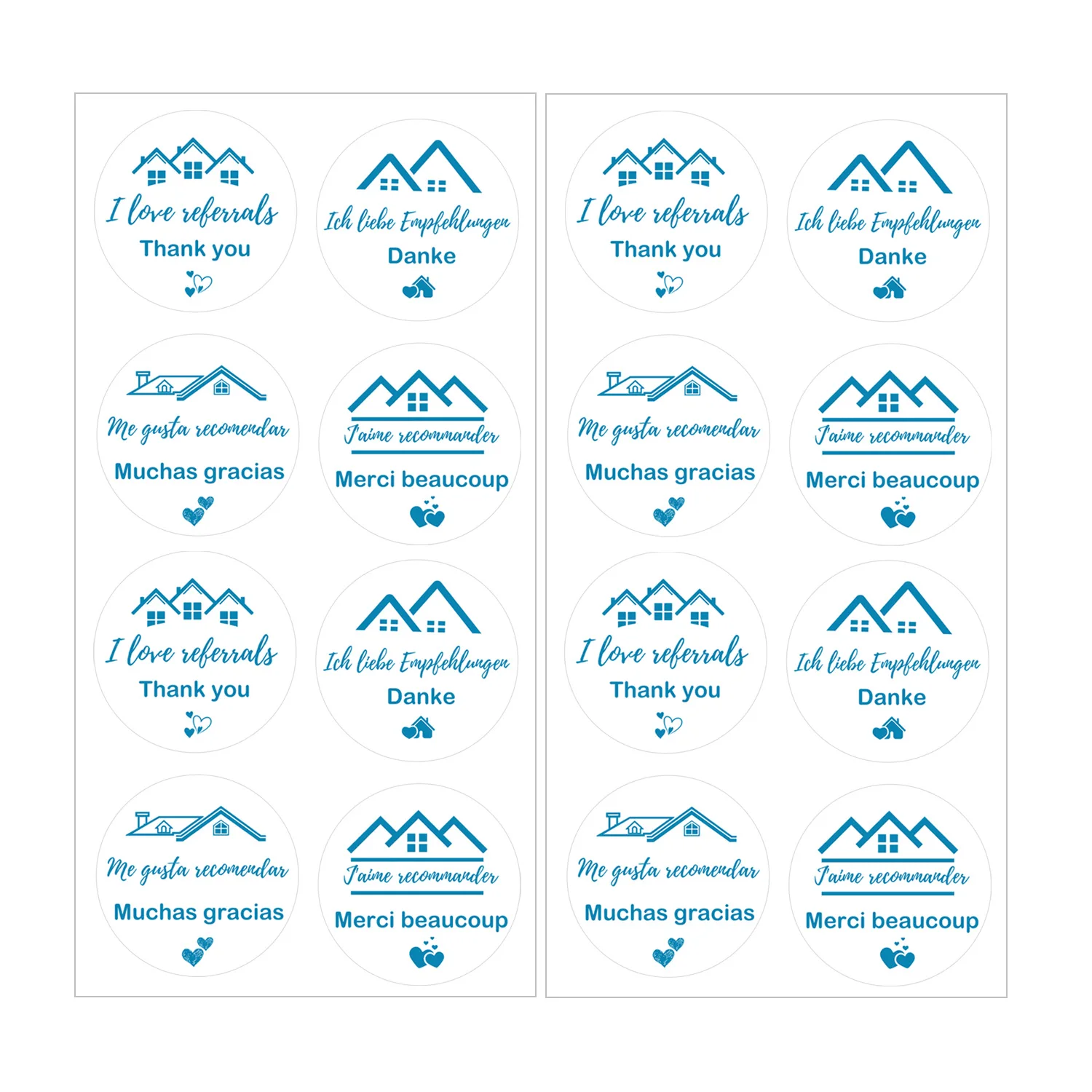 240 наклеек «Спасибо» в форме дома «Я люблю» в четырех языках: английский, французский, немецкий и испанский.
240 наклеек «Спасибо» в форме дома «Я люблю» в четырех языках: английский, французский, немецкий и испанский.